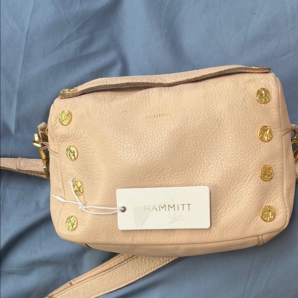 Hammitt pale pink Crossbody Bag with Gold Accents. Adjustable strap